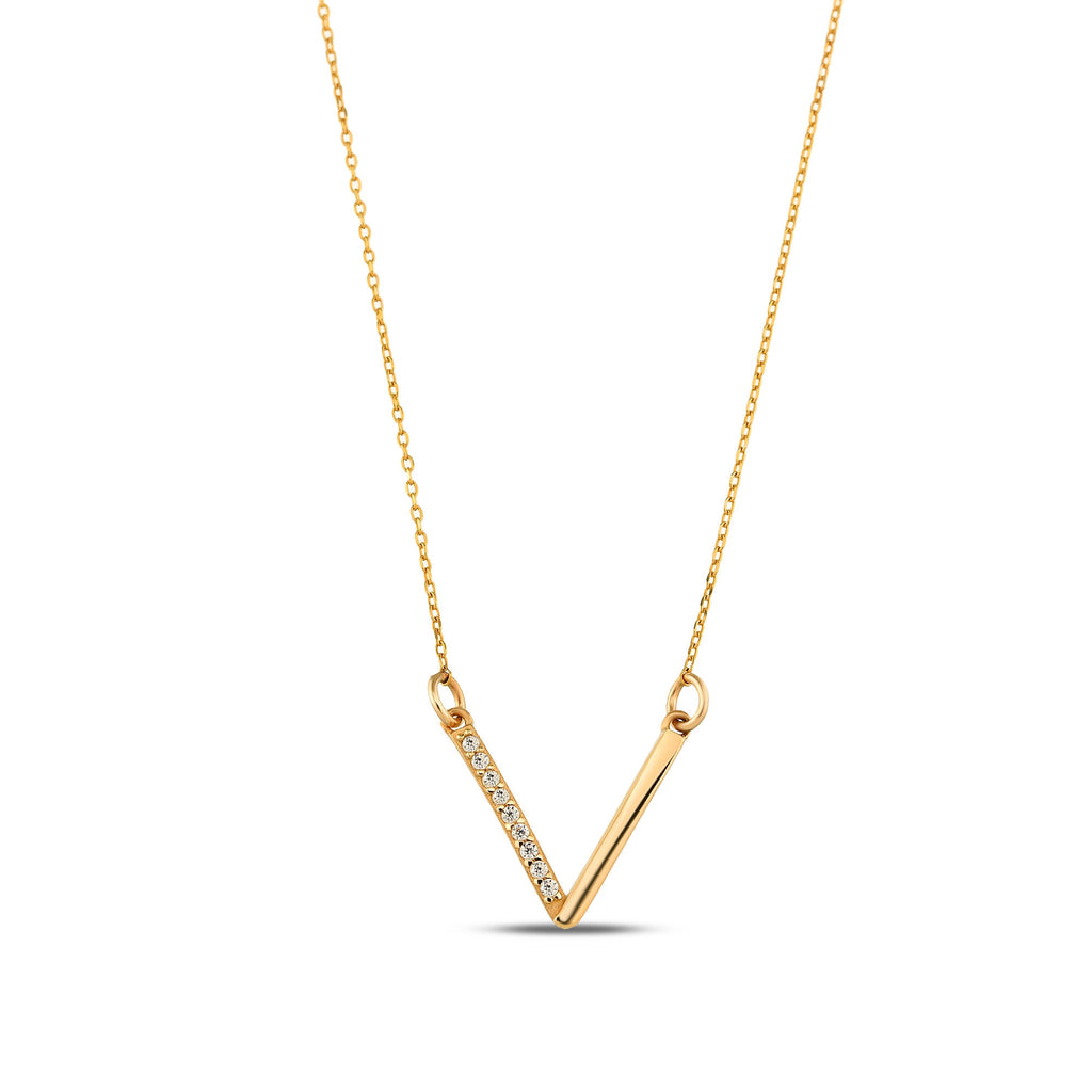 14K Gold Lab Diamond V Necklace, Half Pave Chevron Bar Pendant, Minimalist Geometric Charm, Gift for Her
