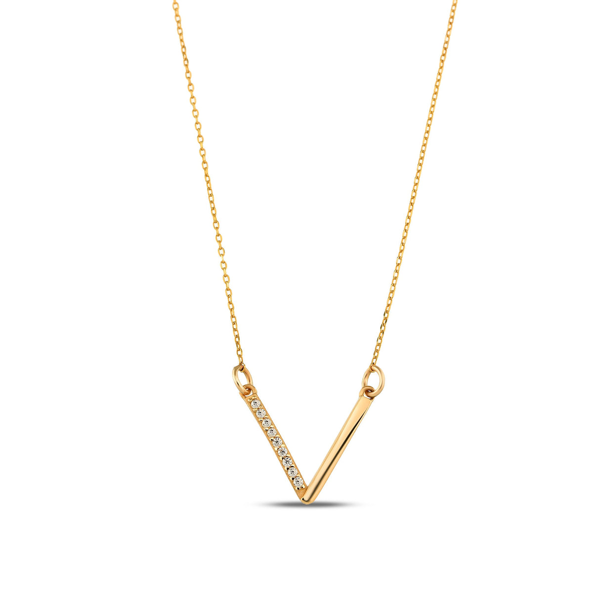 14K Gold Lab Diamond V Necklace, Half Pave Chevron Bar Pendant, Minimalist Geometric Charm, Gift for Her