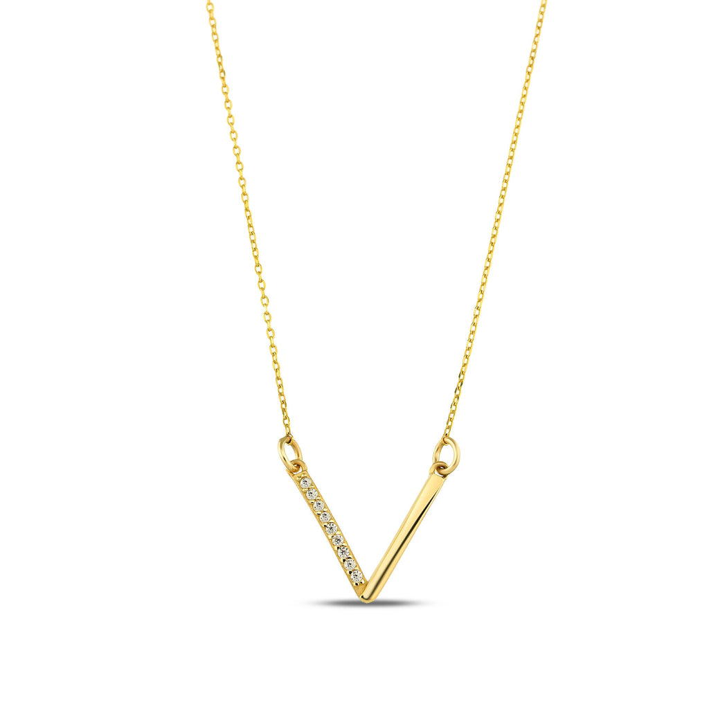 14K Gold Lab Diamond V Necklace, Half Pave Chevron Bar Pendant, Minimalist Geometric Charm, Gift for Her
