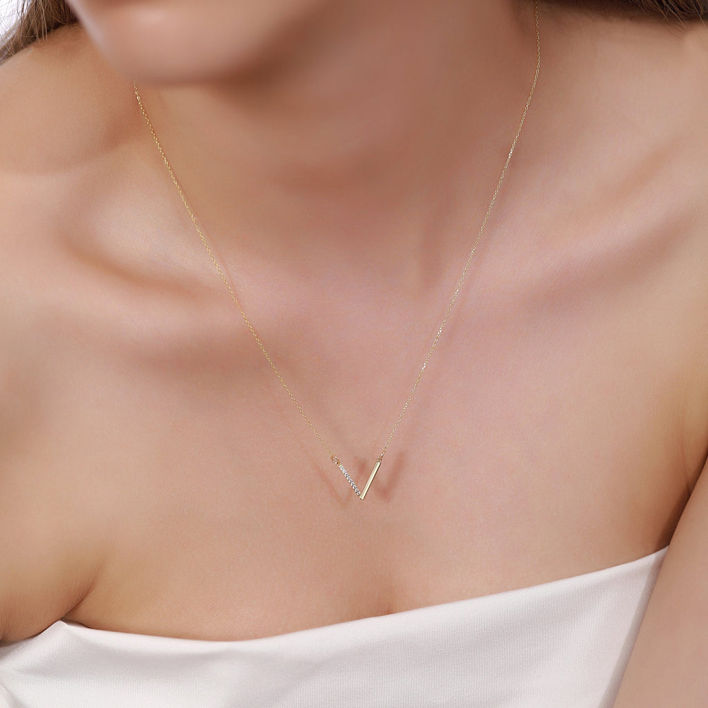 14K Gold Lab Diamond V Necklace, Half Pave Chevron Bar Pendant, Minimalist Geometric Charm, Gift for Her