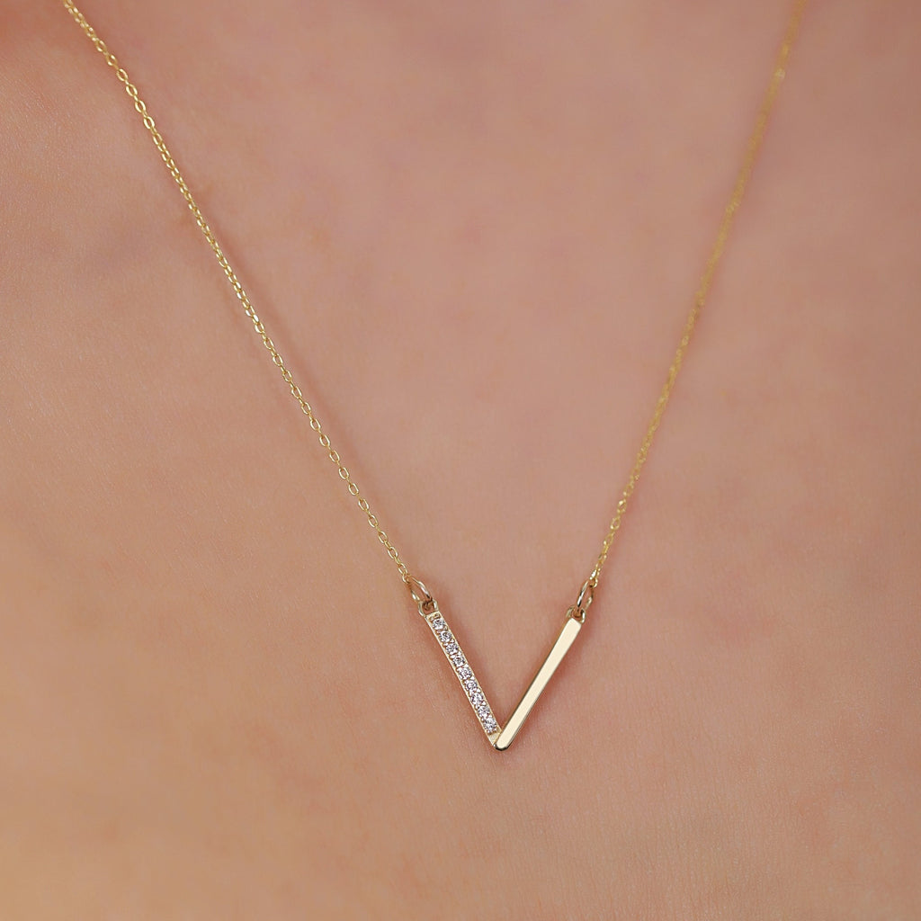 14K Gold Lab Diamond V Necklace, Half Pave Chevron Bar Pendant, Minimalist Geometric Charm, Gift for Her