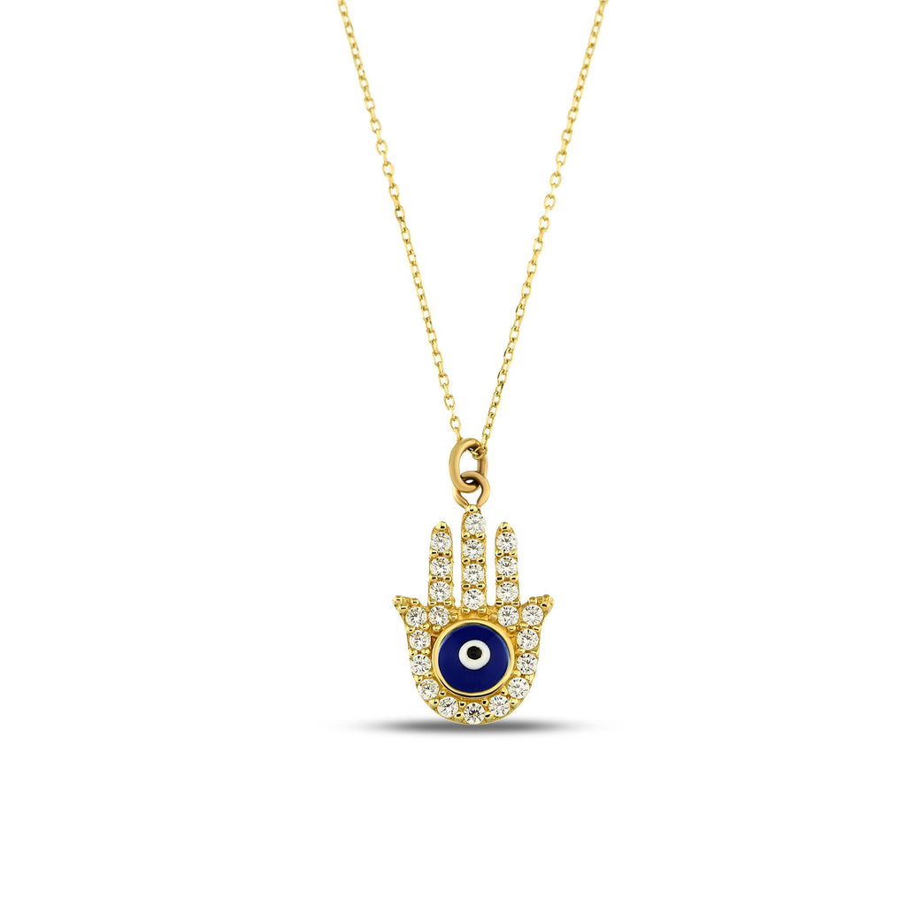 14K Gold Pave Hamsa Necklace, CZ Evil Eye Hand Pendant, Black Enamel Eye Charm, Protection Jewelry, Gift for Her