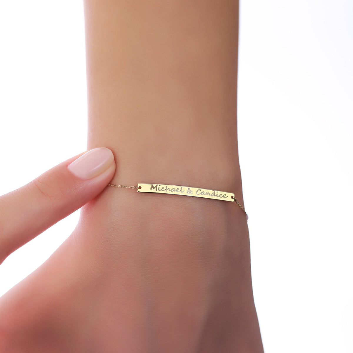 14K Gold Custom Name Bar Bracelet, Engraved Couples Bracelet, Personalized Text Chain Bracelet, Meaningful Gift for Her