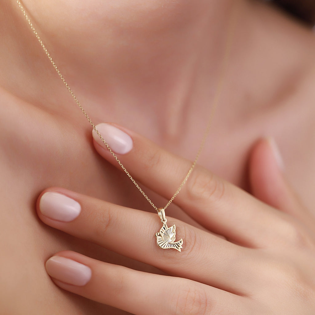 14K Gold Dove Necklace, Diamond Cut Peace Dove Pendant, Symbolic Bird Charm, Dainty Faith Jewelry, Gift for Her