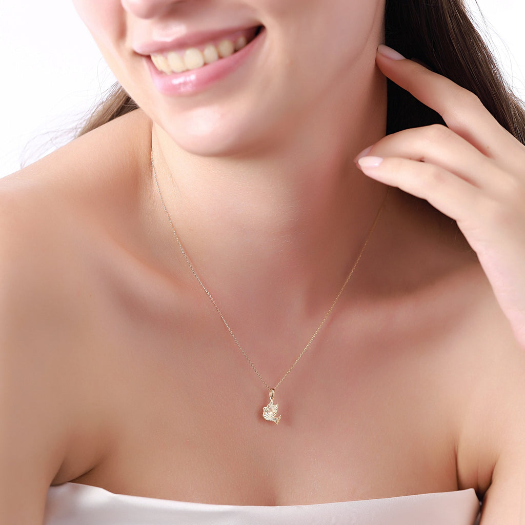 14K Gold Dove Necklace, Diamond Cut Peace Dove Pendant, Symbolic Bird Charm, Dainty Faith Jewelry, Gift for Her