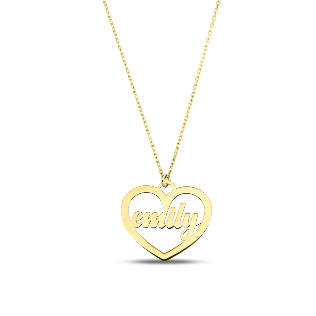 14K Gold Name Necklace in Heart, Custom Script Name Pendant, Personalized Heart Necklace, Gift for Her