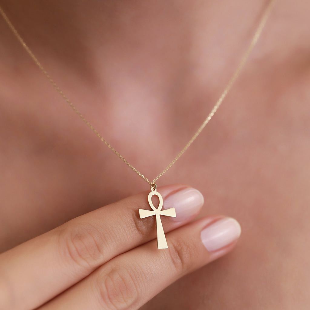 14K Gold Ankh Necklace, Egyptian Key of Life Pendant, Minimalist Ankh Cross Charm, Symbolic Jewelry, Gift for Her
