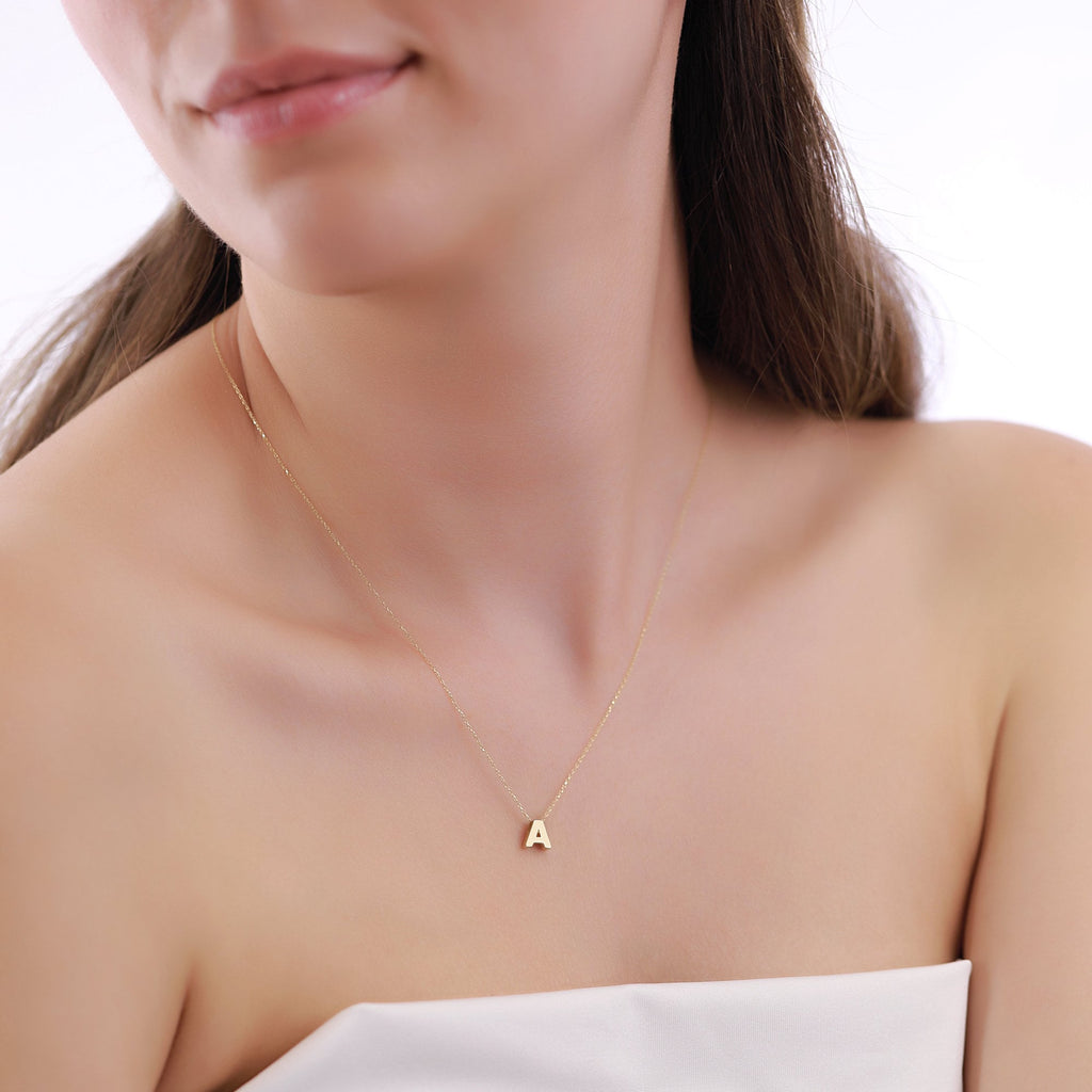14K Gold Initial Letter Necklace, Solid Gold Letter A Pendant, Personalized Block Letter Charm, Gift for Her
