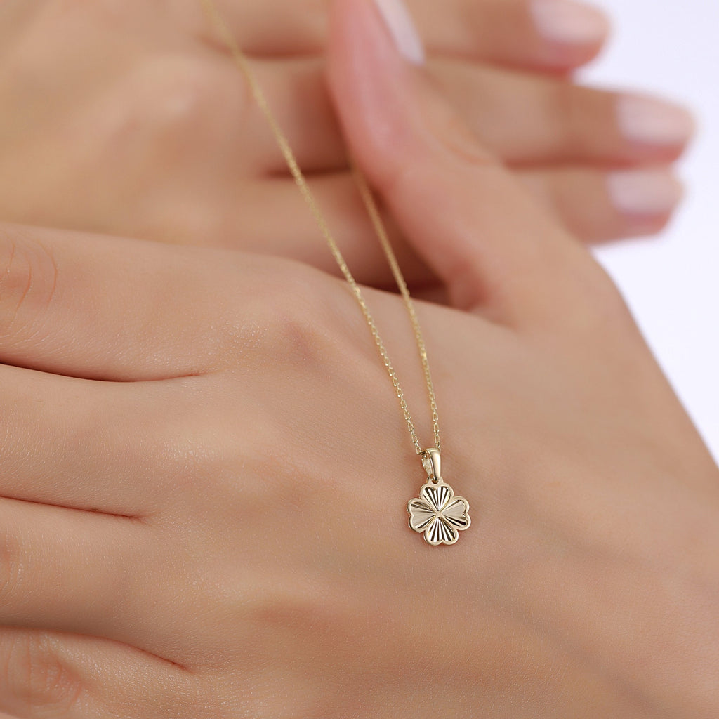 14K Gold Four Leaf Clover Necklace, Diamond Cut Lucky Clover Pendant, Dainty Charm, Good Luck Gift for Her