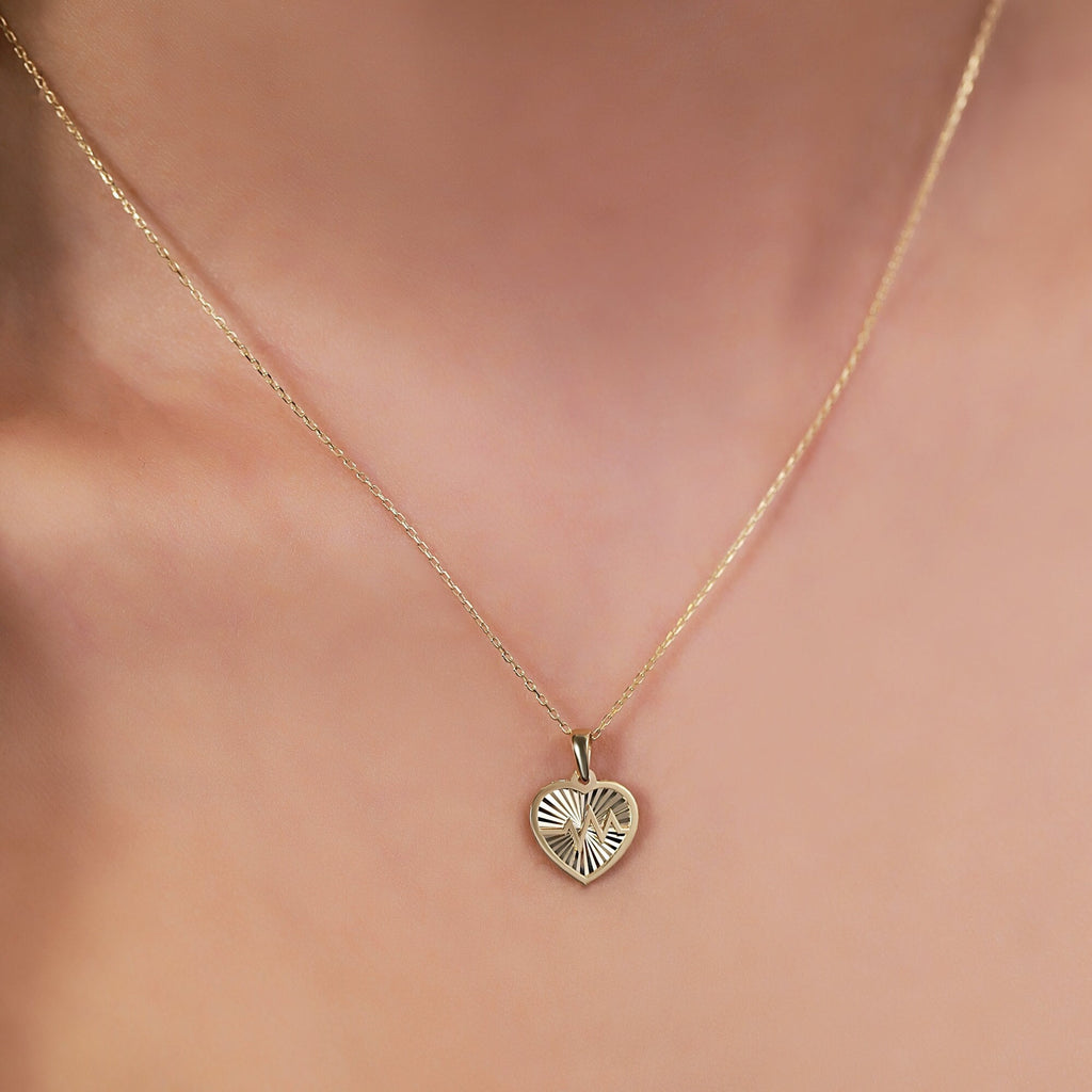 14K Gold Heartbeat Necklace, Diamond Cut Heart Pulse Pendant, Pulse Line Charm, Meaningful Gift for Her
