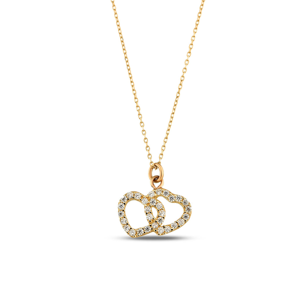 14K Gold Double Heart Necklace, CZ Interlocking Hearts Pendant, Linked Hearts Charm, Gift for Her
