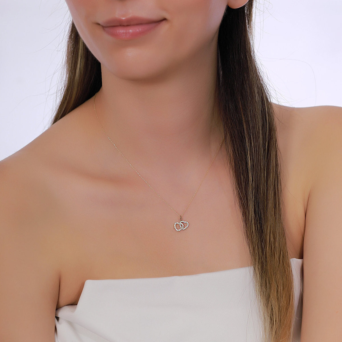 14K Gold Double Heart Necklace, CZ Interlocking Hearts Pendant, Linked Hearts Charm, Gift for Her