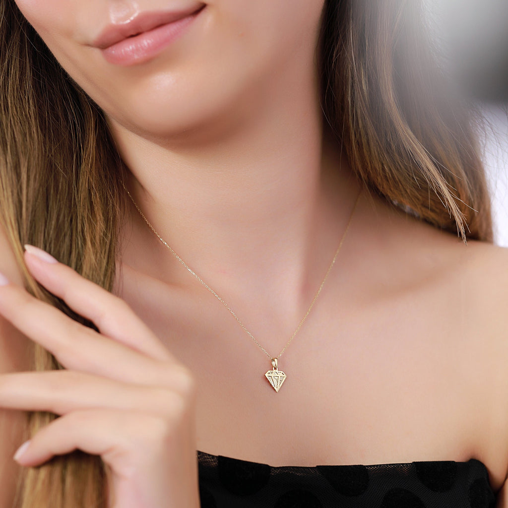 14K Gold Diamond Shape Necklace, Diamond Cut Geometric Pendant, Dainty Faceted Charm, Modern Jewelry, Gift for Her