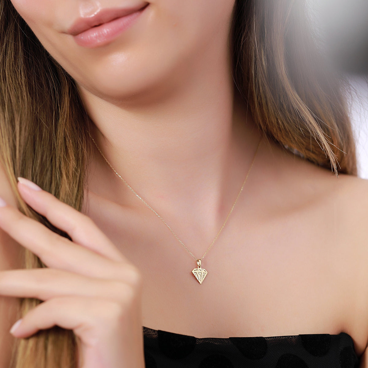 14K Gold Diamond Shape Necklace, Diamond Cut Geometric Pendant, Dainty Faceted Charm, Modern Jewelry, Gift for Her
