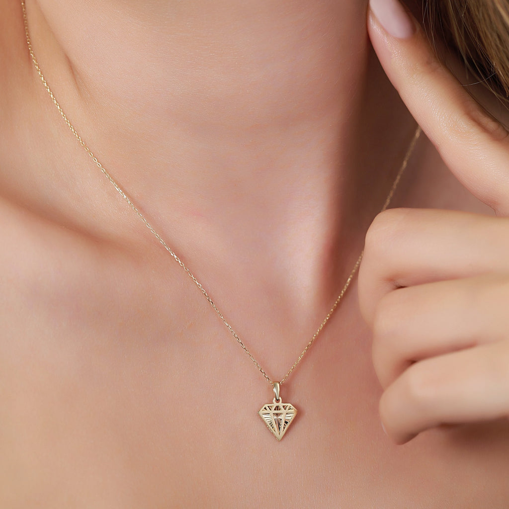14K Gold Diamond Shape Necklace, Diamond Cut Geometric Pendant, Dainty Faceted Charm, Modern Jewelry, Gift for Her