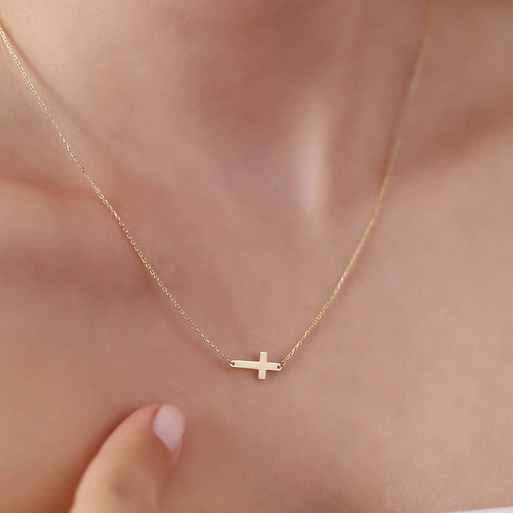 14K Gold Sideways Cross Necklace, Minimalist Horizontal Cross Pendant, Dainty Faith Charm, Gift for Her