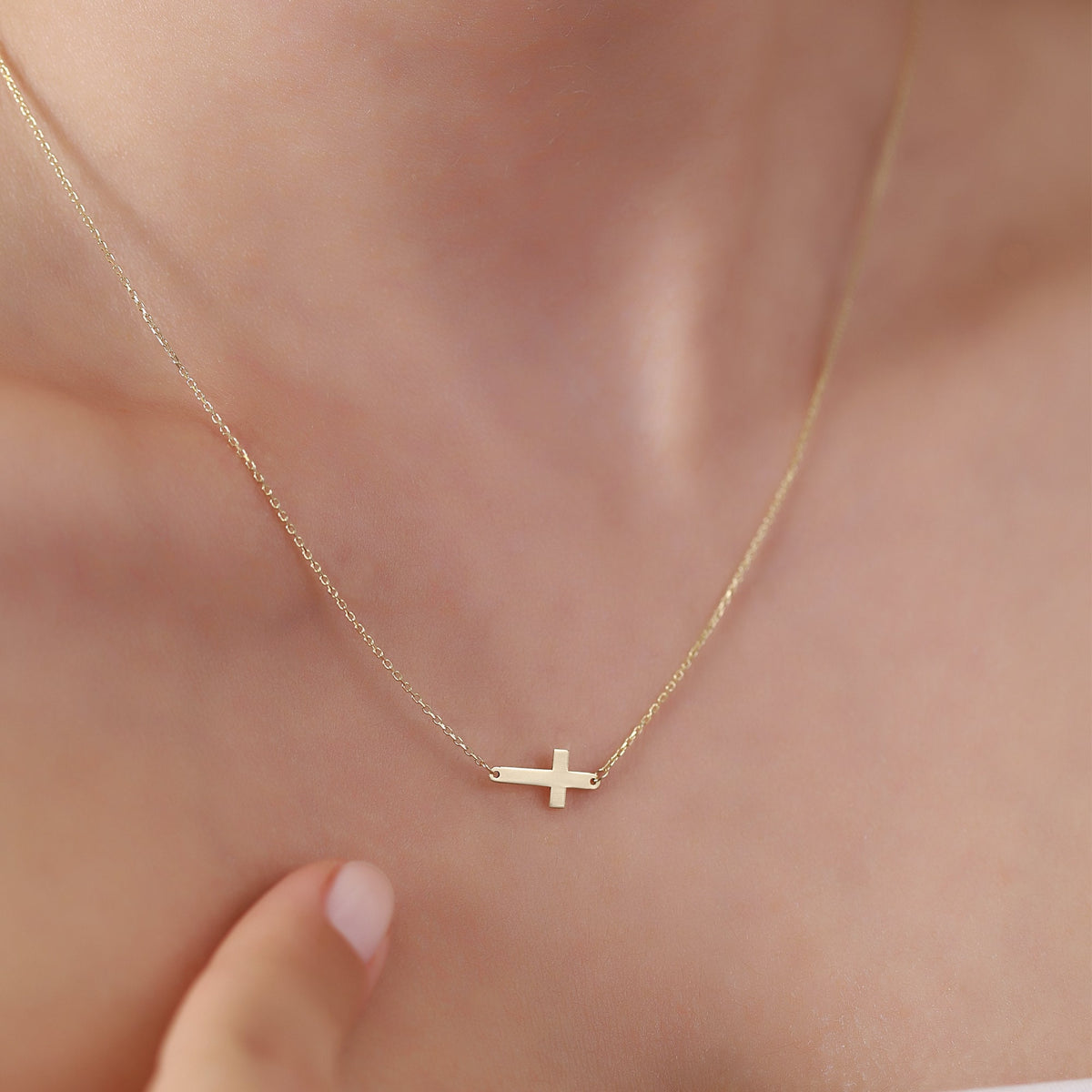 14K Gold Sideways Cross Necklace, Minimalist Horizontal Cross Pendant, Dainty Faith Charm, Gift for Her