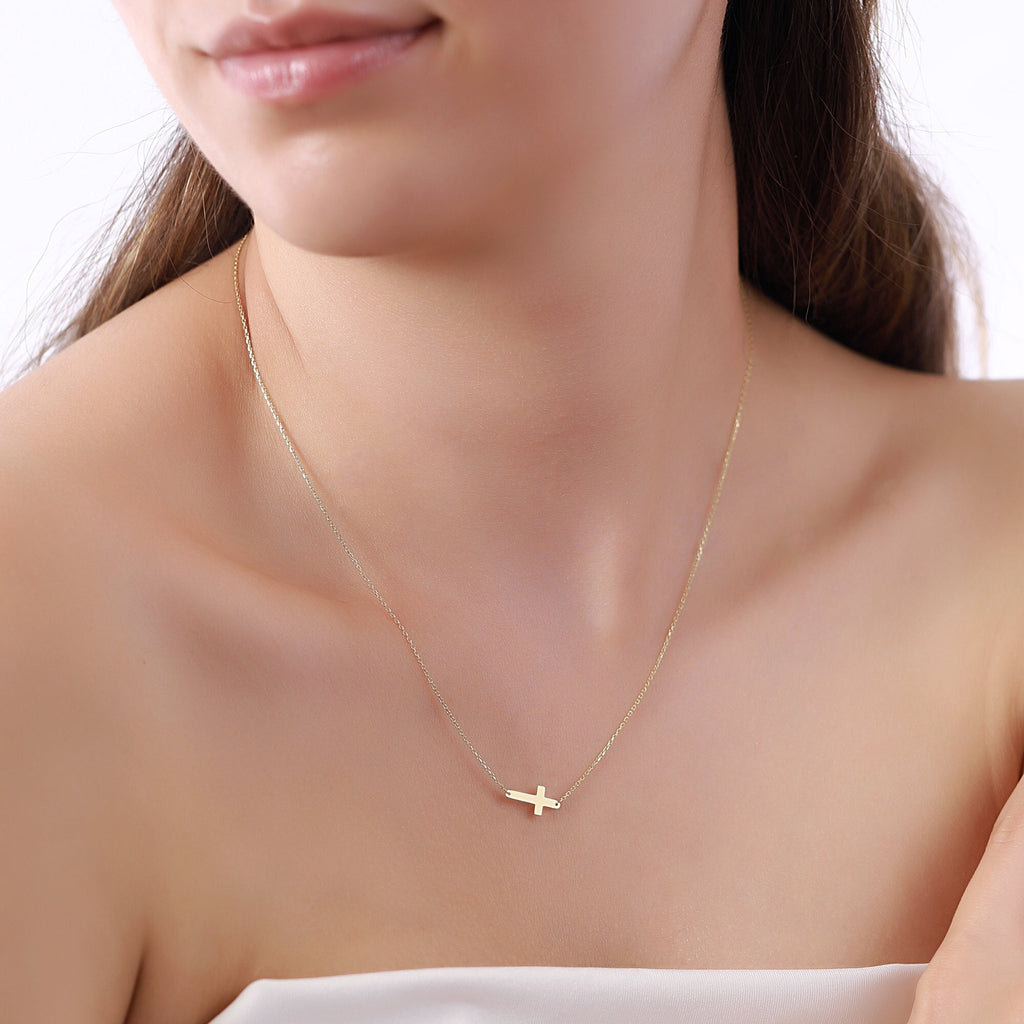 14K Gold Sideways Cross Necklace, Minimalist Horizontal Cross Pendant, Dainty Faith Charm, Gift for Her