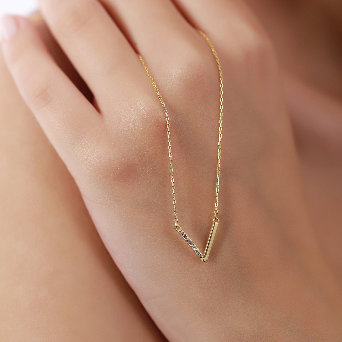 18K Gold Vermeil Diamond Necklace, Initial V Necklace, Zircon Letter Pendant, Dainty Personalized Necklace, Gift for Her