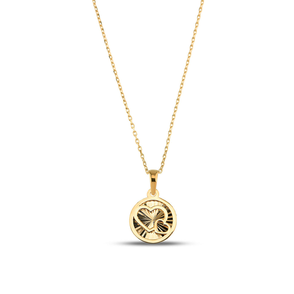 14K Gold Heart Medallion Necklace, Diamond Cut Double Heart Coin Pendant, Dainty Round Disc Necklace, Valentine's Gift for Her