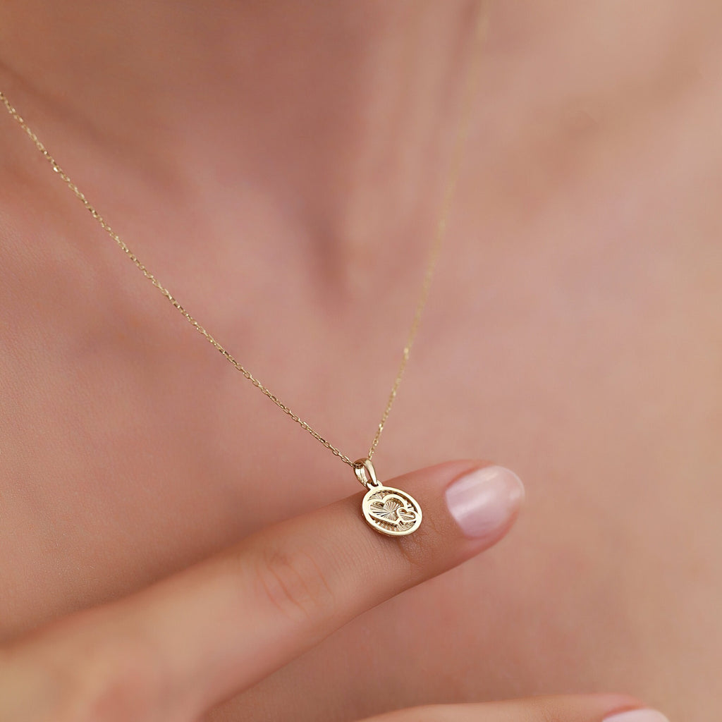 14K Gold Heart Medallion Necklace, Diamond Cut Double Heart Coin Pendant, Dainty Round Disc Necklace, Valentine's Gift for Her