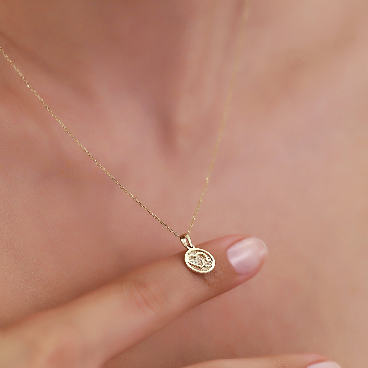 14K Gold Heart Medallion Necklace, Diamond Cut Double Heart Coin Pendant, Dainty Round Disc Necklace, Valentine's Gift for Her