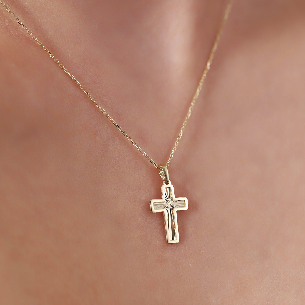 14K Gold Diamond Cut Cross Necklace, Framed Cross Pendant, Dainty Faith Jewelry, Baptism Confirmation Gift for Her
