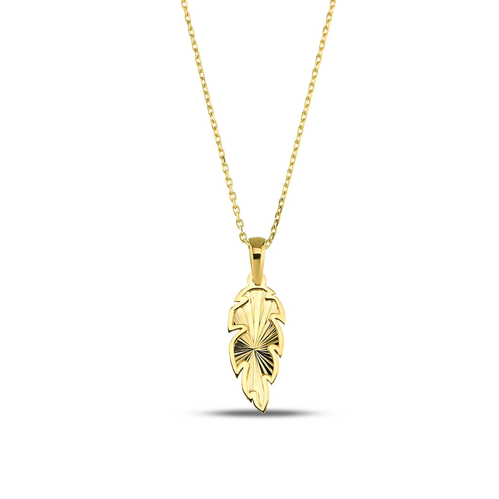 14K Gold Feather Necklace, Diamond Cut Leaf Pendant, Dainty Nature Charm, Boho Everyday Jewelry, Gift for Her