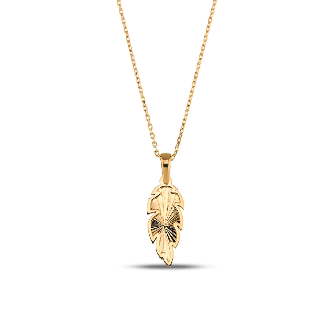 14K Gold Feather Necklace, Diamond Cut Leaf Pendant, Dainty Nature Charm, Boho Everyday Jewelry, Gift for Her