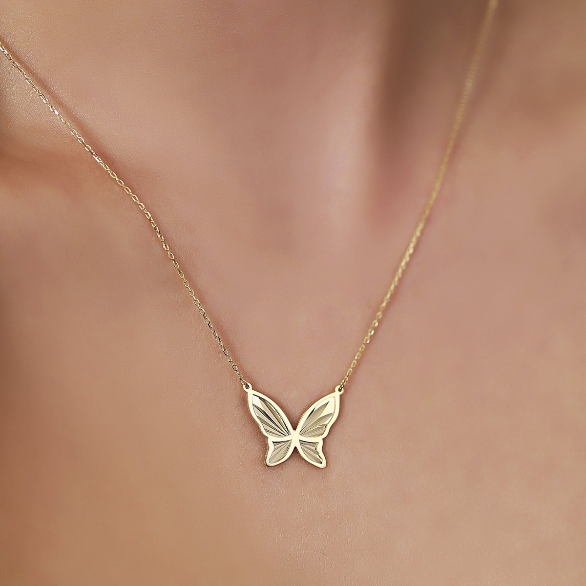 14K Gold Butterfly Necklace, Diamond Cut Butterfly Pendant, Dainty Sideways Charm, Nature Jewelry, Gift for Her