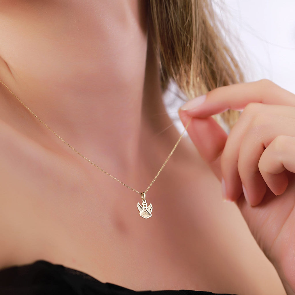 14K Gold Guardian Angel Necklace, Diamond Cut Angel Cross Pendant, Faith Charm, Baptism Confirmation Gift for Her
