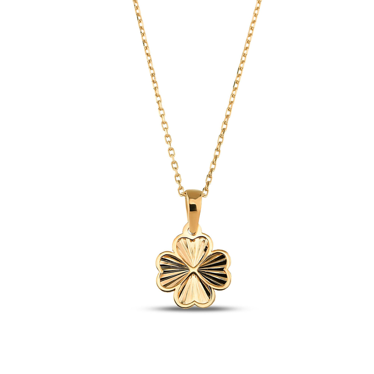 14K Gold Four Leaf Clover Necklace, Diamond Cut Lucky Clover Pendant, Dainty Charm, Good Luck Gift for Her