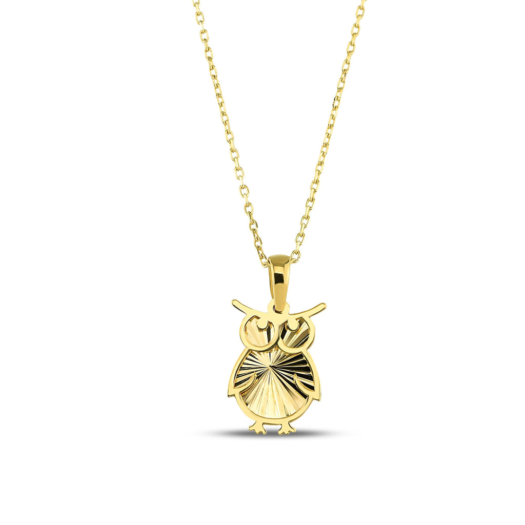 14K Gold Owl Necklace, Diamond Cut Owl Pendant, Wisdom Bird Charm, Symbolic Jewelry, Gift for Her