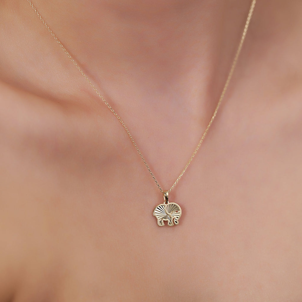 14K Gold Elephant Necklace, Diamond Cut Lucky Elephant Pendant, Good Fortune Charm, Symbolic Jewelry, Gift for Her