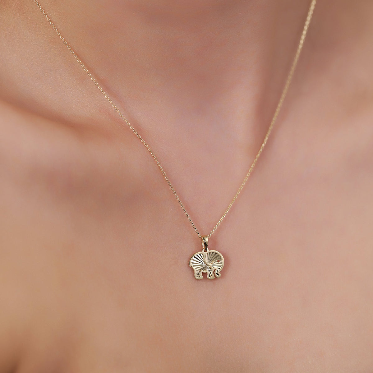 14K Gold Elephant Necklace, Diamond Cut Lucky Elephant Pendant, Good Fortune Charm, Symbolic Jewelry, Gift for Her