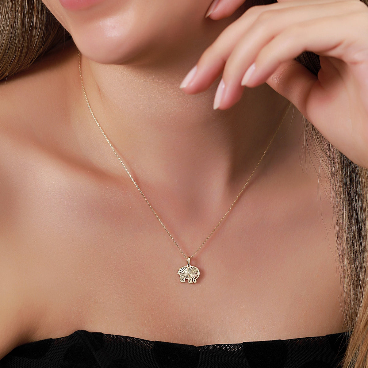 14K Gold Elephant Necklace, Diamond Cut Lucky Elephant Pendant, Good Fortune Charm, Symbolic Jewelry, Gift for Her