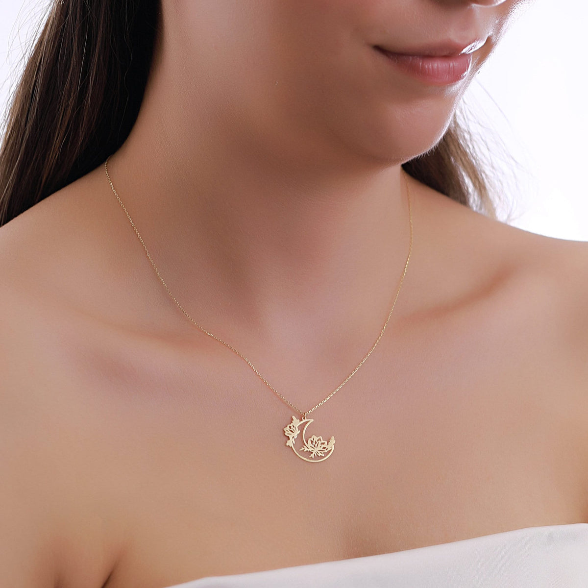 14K Gold Moon Flower Necklace, Crescent Moon Floral Pendant, Celestial Lotus Charm, Boho Necklace, Gift for Her