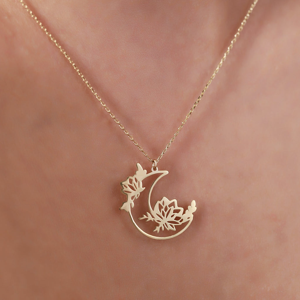 14K Gold Moon Flower Necklace, Crescent Moon Floral Pendant, Celestial Lotus Charm, Boho Necklace, Gift for Her