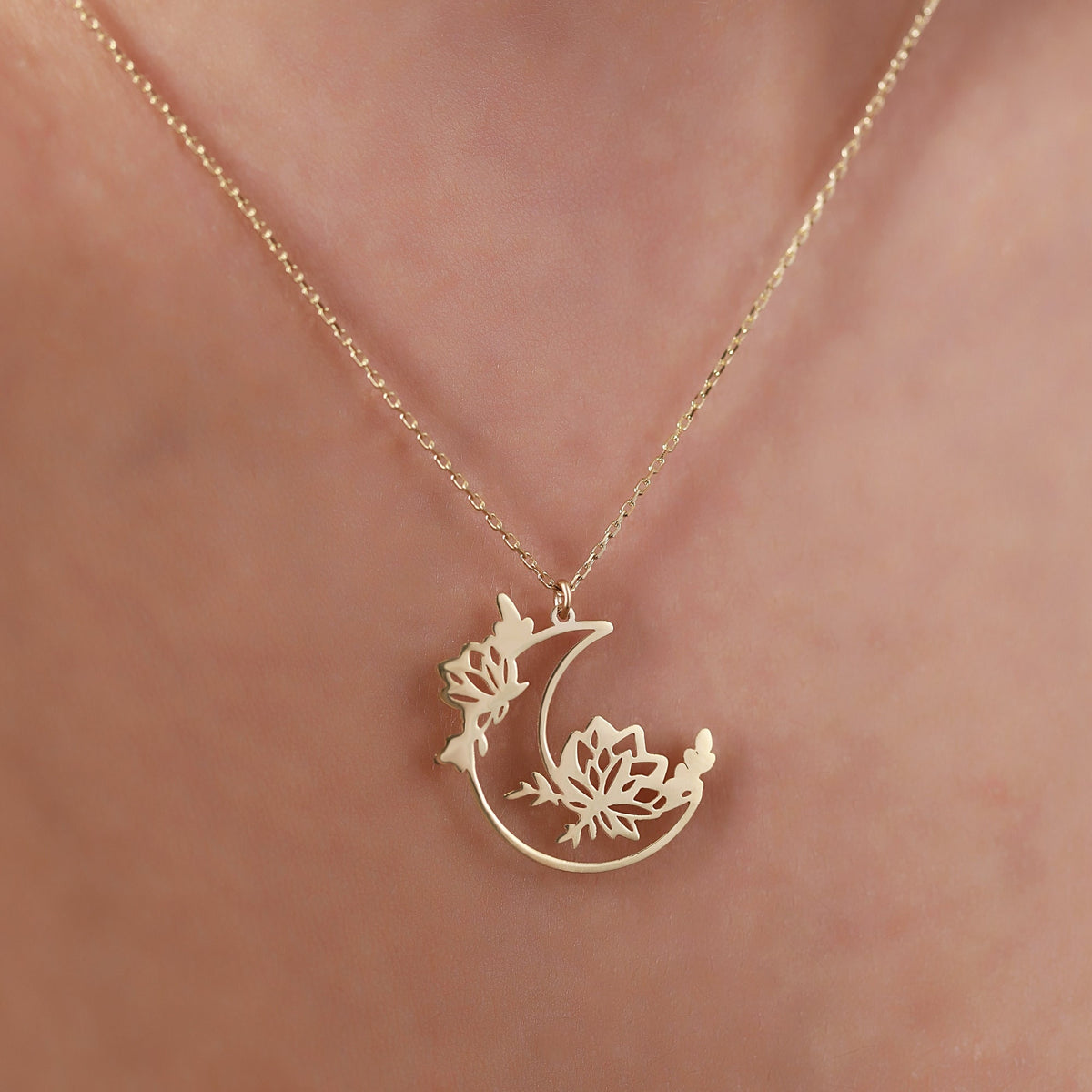 14K Gold Moon Flower Necklace, Crescent Moon Floral Pendant, Celestial Lotus Charm, Boho Necklace, Gift for Her