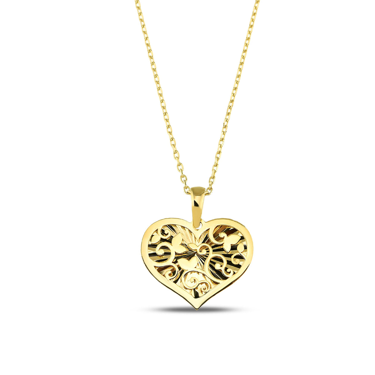 14K Gold Filigree Heart Necklace, Diamond Cut Ornate Heart Pendant, Vintage Style Charm, Romantic Gift for Her