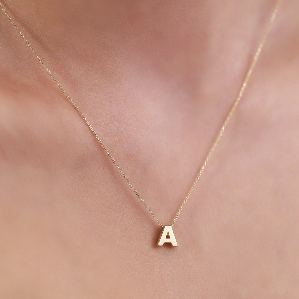 14K Gold Initial Letter Necklace, Solid Gold Letter A Pendant, Personalized Block Letter Charm, Gift for Her