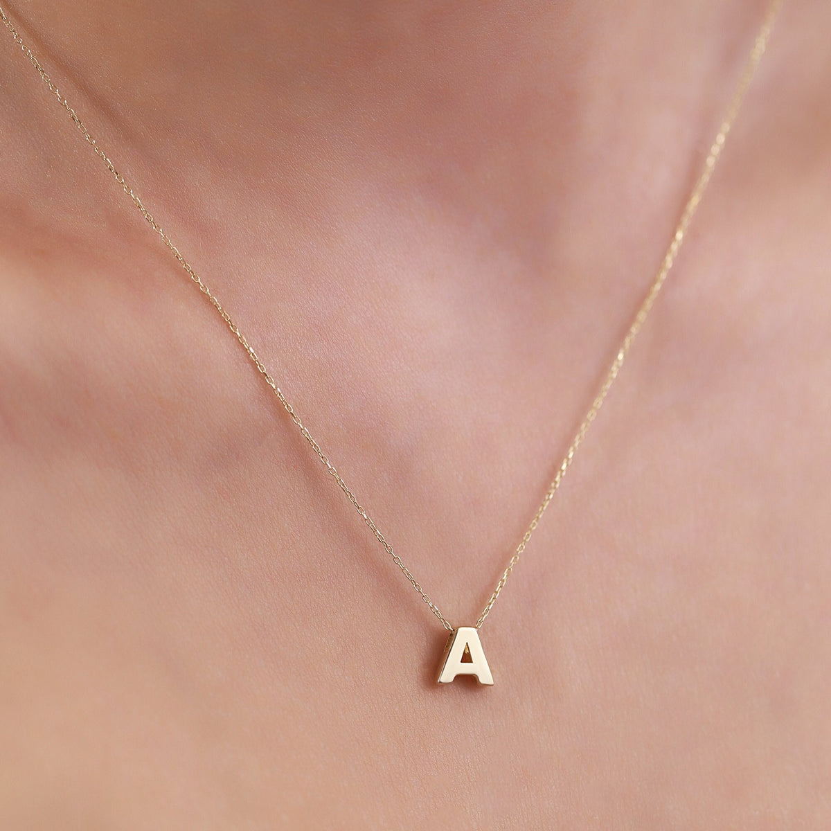 14K Gold Initial Letter Necklace, Solid Gold Letter A Pendant, Personalized Block Letter Charm, Gift for Her