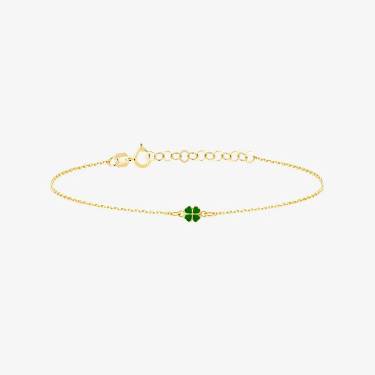 14K Gold Four Leaf Clover Bracelet, Green Enamel Lucky Charm Bracelet, Delicate Chain Bracelet, Minimalist Good Luck Jewelry