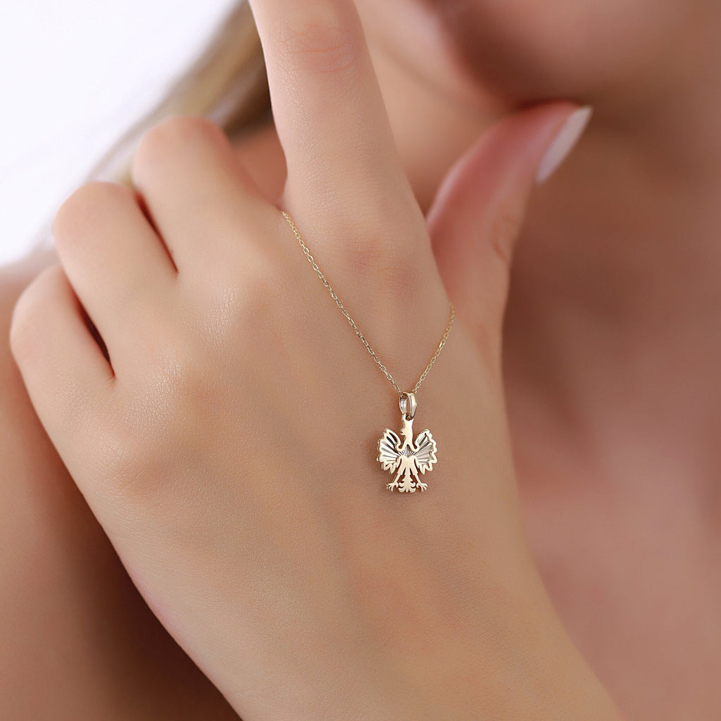 14K Gold Polish Eagle Necklace, Diamond Cut Poland Crest Pendant, Heritage Bird Charm, Symbolic Gift for Her