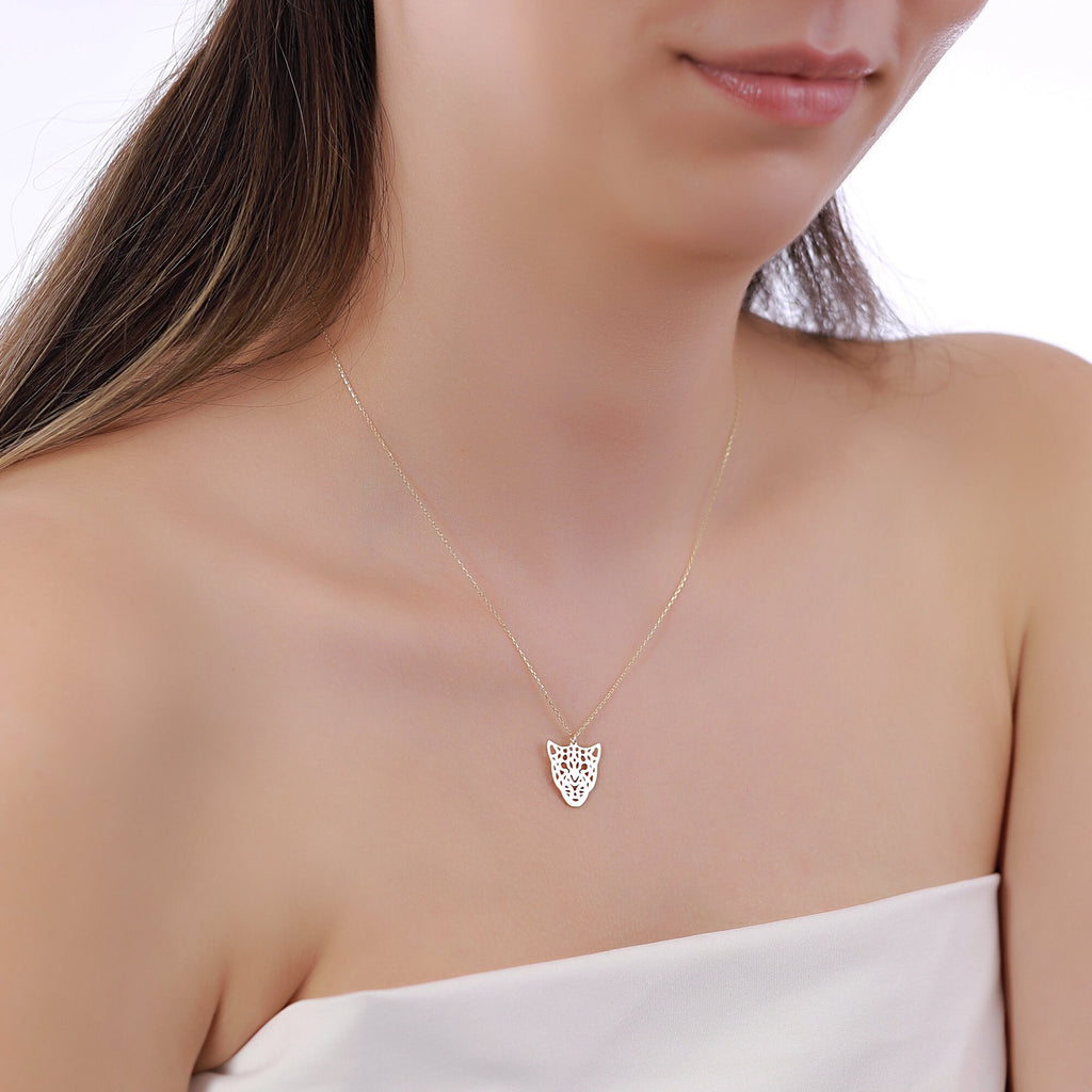 14K Gold Leopard Necklace, Cut Out Leopard Face Pendant, Wild Animal Charm, Bold Statement Jewelry, Gift for Her