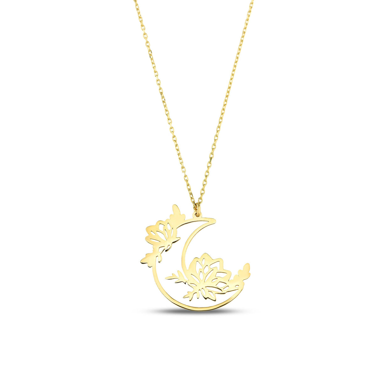 14K Gold Moon Flower Necklace, Crescent Moon Floral Pendant, Celestial Lotus Charm, Boho Necklace, Gift for Her