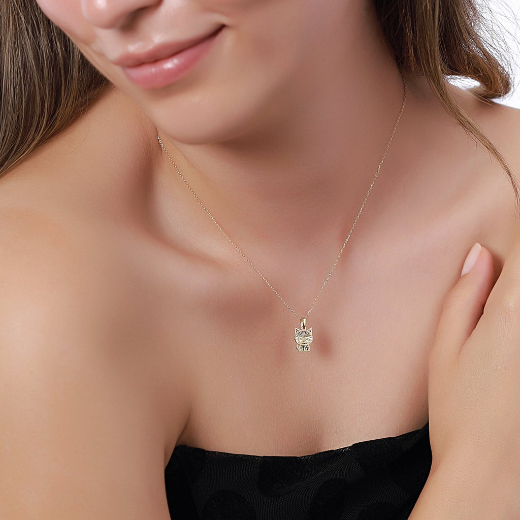 14K Gold Cat Necklace, Diamond Cut Kitten Charm, Cute Cartoon Cat Pendant, Playful Jewelry, Gift for Her