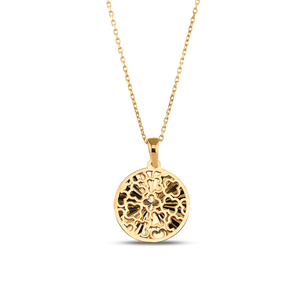 14K Gold Floral Coin Necklace, Diamond Cut Filigree Medallion Pendant, Dainty Round Disc, Boho Gift for Her