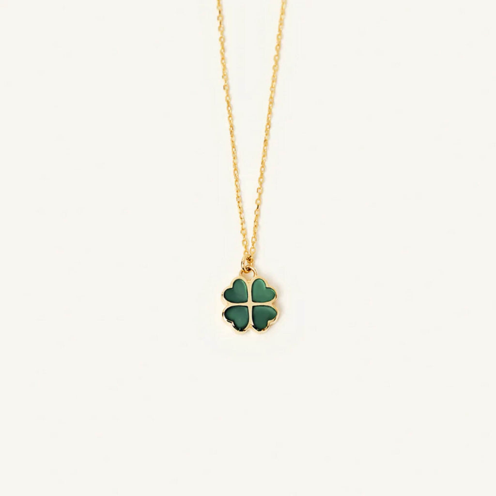 14K Gold Green Enamel Clover Necklace, Four Leaf Clover Pendant, Good Luck Charm, Gift for Her