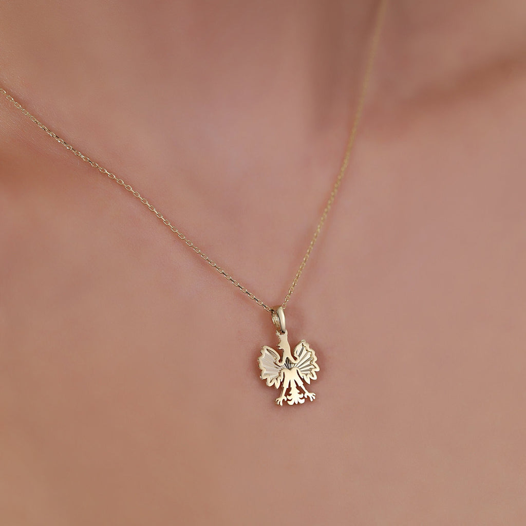 14K Gold Polish Eagle Necklace, Diamond Cut Poland Crest Pendant, Heritage Bird Charm, Symbolic Gift for Her